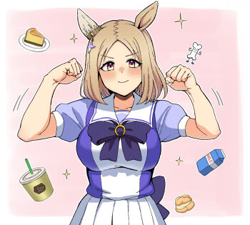 1girl animal_ears blonde_hair blush bone border bow breasts cake clenched_hands closed_mouth commentary_request cowboy_shot cup disposable_cup drink_carton drinking_straw ear_covers ear_ornament food gradient_eyes highres horse_ears horse_girl horse_tail looking_at_viewer medium_breasts medium_hair milk_carton multicolored_eyes narita_top_road_(umamusume) outside_border pink_background plate pleated_skirt purple_bow purple_shirt sailor_collar school_uniform shikahashi1103 shirt single_ear_cover skirt smile solo sparkle summer_uniform tail tracen_school_uniform umamusume v-shaped_eyebrows white_border white_skirt