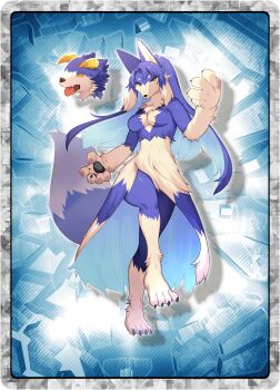 1girl animal_hands blue_fur blue_hair breasts ceylan_(monster_farm) claws floating_head fur_dress furry furry_female highres kyuubi_(monster_farm) leg_up line:_monster_farm long_hair looking_at_viewer monster_farm official_art wolf_girl yellow_eyes