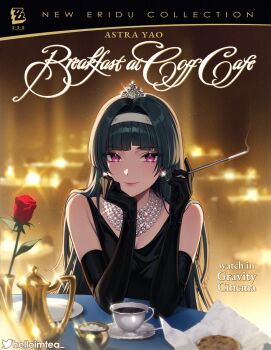 Rule 34 | 1girl, alternate costume, astra yao, bare shoulders, black dress, black gloves, black hair, blurry, blurry background, breakfast at tiffany's, character name, chocolate chip cookie, cigarette, cigarette holder, closed mouth, commentary, cookie, cosplay, cup, dress, earrings, elbow gloves, elbow rest, english commentary, english text, flower, food, gloves, hairband, helloimtea, highres, holding, holding cigarette, holly golightly, holly golightly (cosplay), indoors, jewelry, logo, long hair, looking at viewer, movie poster (medium), necklace, parody, pearl necklace, pink eyes, red flower, red rose, rose, sitting, sleeveless, sleeveless dress, smile, smoke, solo, straight-on, sugar bowl, sugar cube, teacup, teapot, tiara, twitter username, upper body, white hairband, zenless zone zero