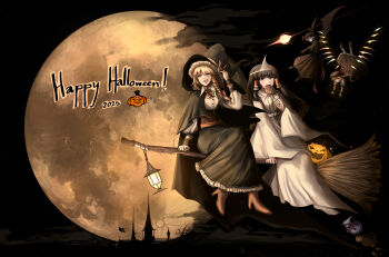 2025 6+girls absurdres alice_margatroid alternate_costume alternate_headwear bat_wings black_cape black_hat blonde_hair bow braid broom broom_riding brown_corset brown_hair brown_shoes candy cape collared_shirt commentary corset crystal crystal_wings eating english_commentary english_text flandre_scarlet flying food frilled_hair_tubes frilled_hairband frills full_moon ghost_costume hair_bow hair_tubes hairband hakurei_reimu halloween_costume happy_halloween hat hat_bow high_heels highres holding holding_candy holding_food holding_lollipop holding_polearm holding_weapon jack-o&#039;-lantern japanese_clothes kimono kirisame_marisa lantern lollipop long_hair long_sleeves looking_at_viewer mima_(touhou) mob_cap moon multicolored_wings multiple_girls multiple_riders night night_sky one_side_up open_mouth orange_bow orange_hairband patchouli_knowledge polearm purple_hair red_bow red_eyes remilia_scarlet shanghai_doll shirt shoes siblings side_braid sisters sky smile star_(sky) swirl_lollipop there2007 touhou touhou_(pc-98) triangular_headpiece weapon white_kimono white_shirt wide_sleeves wings witch_hat