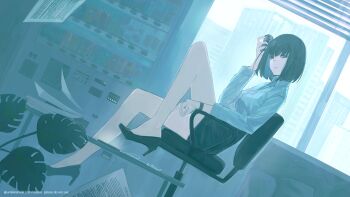 1girl absurdres black_hair black_skirt building can chair closed_mouth commentary day high_heels highres holding holding_can indoors leaf leg_up looking_at_viewer office_lady original paper phone plant shirt short_hair sitting skirt sky solo table vending_machine watch white_shirt window wristwatch yuishironeko