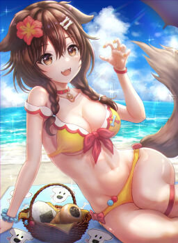 1girl absurdres animal_collar animal_ears arm_support basket beach beach_towel bikini blue_sky bone bone_hair_ornament bow braid breasts brown_hair cleavage cloud collar collarbone commentary_request day dog_ears dog_tail flower food hair_between_eyes hair_flower hair_ornament hair_tie hairclip hibiscus highres hololive inugami_korone inugami_korone_(1st_costume) jewelry leg_strap long_hair md5_mismatch medium_breasts nail_polish navel ocean onigiri orange_nails paw_pendant paw_pose pendant picnic red_bow red_collar red_flower resolution_mismatch revision sand sitting sky source_larger sparkle strap_slip sunlight swimsuit tail thighs towel twin_braids virtual_youtuber wajuniorbox water yellow_bikini