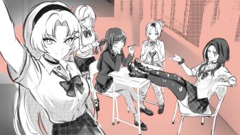 alice_(bubblebebe) angry blush bow bowtie bra bra_peek braiding_hair bubblebebe bubblebebe_(artist) choker eve_(bubblebebe) flustered hairdressing headband indie_virtual_youtuber jacket jenni_(bubblebebe) jewelry legs_on_table long_hair looking_at_phone mole mole_under_eye mole_under_mouth necklace necktie phone pink_background rei_(bubblebebe) scar scar_across_eye scar_on_face selfie simple_background sketch smile tied_jacket underwear wolf_cut