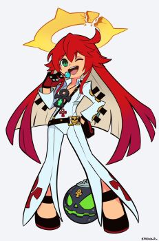 1girl ankh_necklace ankh_print artist_name bodysuit broken_halo candy colored_inner_hair dorpos food full_body gloves green_eyes guilty_gear guilty_gear_strive halo highres holding holding_candy holding_food holding_lollipop jack-o&#039;_valentine lollipop long_hair multicolored_hair one_eye_closed open_mouth panty_&amp;_stocking_with_garterbelt_(style) red_hair simple_background smgold smile spiked_halo teeth upper_teeth_only white_background white_bodysuit