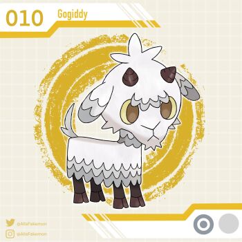 alisfakemon artist_name brown_eyes brown_horns character_name fakemon full_body goat highres horns instagram_logo instagram_username nintendo no_humans original pokemon pokemon_(creature) small_horns solo twitter_logo twitter_username white_fur
