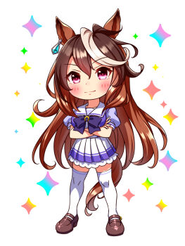 1girl animal_ears blush bow bowtie breasts brown_hair chibi chibi_only closed_mouth collarbone commentary_request crossed_arms earrings full_body hair_between_eyes highres horse_ears horse_girl horse_tail jewelry large_breasts long_hair looking_at_viewer multicolored_hair pleated_skirt puffy_short_sleeves puffy_sleeves purple_bow purple_bowtie purple_eyes purple_shirt sailor_collar sailor_shirt school_uniform shirt shoes short_sleeves single_earring skirt solo streaked_hair sugimotty_nova symboli_rudolf_(umamusume) tail thighhighs tracen_school_uniform umamusume white_hair white_sailor_collar white_skirt white_thighhighs zettai_ryouiki