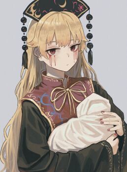 Rule 34 | 1girl, 1other, baby, black dress, blonde hair, blood, bloody tears, carrying, carrying baby, carrying person, chinese clothes, commentary request, dalachi (headdress), dress, grey background, hand up, highres, junko (touhou), kougekiryoku, long hair, long sleeves, nail polish, red nails, red tabard, ribbon, simple background, tabard, touhou, wide sleeves, yellow ribbon