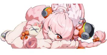 1girl ahoge animal_ear_fluff animal_ear_piercing animal_ears anklet braid bright_pupils commentary ear_piercing english_commentary furry furry_female heart heart_in_eye highres jewelry long_hair looking_at_viewer lying mindscape_cinema_(zenless_zone_zero) nude official_art on_side one_eye_closed piercing pink_fur pink_hair rabbit_ears rabbit_girl rabbit_tail red_eyes short_eyebrows solo symbol_in_eye tail twin_braids white_pupils zenless_zone_zero zhao_(zenless_zone_zero)