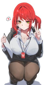 1girl absurdres black_jacket black_panties black_skirt bra_visible_through_clothes breasts brown_pantyhose button_gap buttons cleavage clipboard closed_mouth collarbone collared_shirt commentary_request commission green_eyes hair_intakes hand_up heart high_heels highres holding holding_clipboard id_card jacket korean_commentary krabking lanyard large_breasts light_blush long_hair long_sleeves looking_at_viewer maplestory one_side_up open_clothes open_jacket oz_(maplestory) panties pantyhose red_hair shirt sidelocks simple_background skirt smile solo spoken_heart squatting thighs underwear v white_background white_shirt