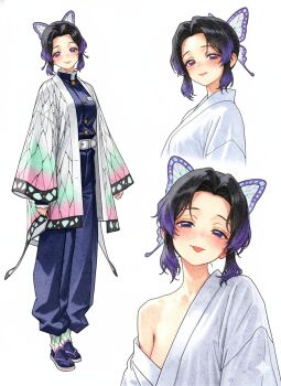 1girl :p ai-chan_(animelovely930) black_hair breasts butterfly_hair_ornament demon_slayer_uniform hair_ornament haori japanese_clothes kimetsu_no_yaiba kochou_shinobu long_sleeves looking_at_viewer multicolored_hair off_shoulder purple_eyes purple_hair sandals short_hair single_bare_shoulder smile tongue tongue_out