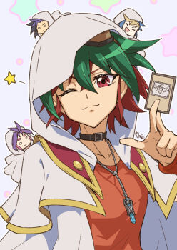 Rule 34 | 4boys, ;), black choker, black hair, blonde hair, blue hair, cape, capelet, card, chibi, choker, green hair, hair between eyes, highres, holding, holding card, hood, hood up, hugo (yu-gi-oh!), jewelry, joeri (yu-gi-oh!), looking at viewer, male focus, multicolored hair, multiple boys, necklace, one eye closed, orange shirt, pink hair, purple hair, red eyes, red hair, sakaki yuya, shirt, smile, star (symbol), two-tone hair, ute (yu-gi-oh!), white cape, white capelet, yanagimachi, yu-gi-oh!, yu-gi-oh! arc-v