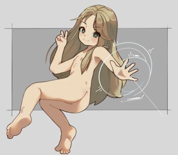 1girl android armpits ass barefoot blonde_hair blush completely_nude diana_(pragmata) feet female_focus flat_chest full_body green_eyes highres loli long_hair looking_at_viewer lumistar machine nipples nude pragmata pussy robot smile soles solo thighs toes v