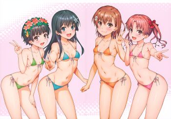 2023 20s 4girls absurdres bare_shoulders bikini black_hair blue_eyes blush bow breasts brown_eyes brown_hair cleft_of_venus collarbone flower hair_bow hair_flower hair_ornament halterneck highres huge_filesize isshi_pyuma looking_at_viewer matching_hair/eyes medium_breasts micro_bikini misaka_mikoto multiple_girls navel open_mouth saten_ruiko scan shirai_kuroko short_hair side-tie_bikini_bottom simple_background small_breasts smile standing stomach string_bikini swimsuit thighs toaru_kagaku_no_railgun toaru_majutsu_no_index twintails uiharu_kazari v