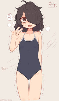 1girl ahoge arm_behind_back bags_under_eyes blue_one-piece_swimsuit blush brown_background brown_eyes brown_hair cold cropped_legs disheveled eyebrows_hidden_by_hair flat_chest grey_background groin hair_between_eyes hair_over_one_eye leaf looking_at_viewer one-piece_swimsuit open_mouth original runny_nose school_swimsuit shadow simple_background smile snot solo swimsuit temperature trembling unarsite v wind
