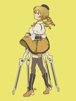 Rule 34 | 1girl, artist logo, black hat, blonde hair, boots, drill hair, fingerless gloves, full body, gloves, grey thighhighs, gun, hat, highres, knee boots, logo, looking at viewer, magical girl, mahou shoujo madoka magica, mahou shoujo madoka magica (anime), mochitose aguri, puffy sleeves, sideways glance, simple background, skirt, skirt hold, solo, striped clothes, striped thighhighs, thighhighs, tomoe mami, tomoe mami (magical girl), twin drills, weapon, yellow background, yellow skirt, yellow theme