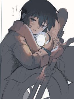 1girl :d absurdres androgynous blush brough_superior coat commentary from_side gloves hair_between_eyes hatching_(texture) hermes_(kino_no_tabi) highres hug hugging_object jacket kino_(kino_no_tabi) kino_no_tabi long_sleeves monochrome motor_vehicle motorcycle open_mouth scarf sepia short_hair sketch smile solo taru153 tomboy translated very_short_hair white_background