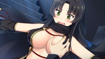 1boy 1girl araya_kazuki black_hair black_sleeves blue_bow blush bow breasts detached_sleeves game_cg green_eyes groping hair_bow hetero large_breasts long_hair moe!_ninja_girls official_art open_mouth parted_bangs saion-ji_enju scarf sidelocks sleeveless solo_focus very_long_hair