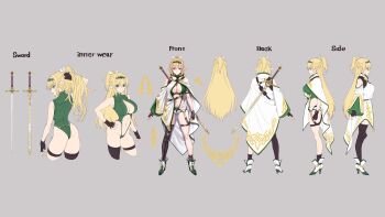 1girl absurdres armpits ass asymmetrical_legwear blonde_hair blue_eyes breasts brown_gloves cape center_opening clothing_cutout commentary_request commission concept_art elf elf_swordswoman_(civila123) fingerless_gloves gloves green_hairband hair_between_eyes hair_tie hairband half_updo hand_in_own_hair hand_on_own_hip high_heels highres holding holding_own_hair large_breasts looking_at_viewer matsuryuu multiple_views navel navel_cutout original pointy_ears reference_sheet revealing_clothes second-party_source short_shorts shorts sleeveless solo standing sword sword_on_back thigh_strap thighs weapon weapon_on_back white_cape white_shorts
