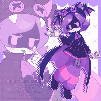 Rule 34 | 1girl, :<, :3, absurdres, akanbe, alternate costume, animal hat, arm at side, black cape, black dress, black hat, black shoes, border, bow, bowtie, buttons, cape, closed mouth, colored petticoat, colored skin, commentary request, cross-laced clothes, cross-laced dress, dress, eyelid pull, fang, feet out of frame, fewer digits, flipped hair, frilled sleeves, frills, full body, halftone, halftone background, hand up, hat, heart, highres, humanoid robot, index finger raised, jitome, joints, knees up, leg warmers, long sleeves, looking at viewer, mechanical arms, mechanical legs, multiple views, murder drones, no pupils, outline, outside border, petticoat, pink leg warmers, pleated dress, puffy long sleeves, puffy sleeves, purple border, purple bow, purple bowtie, purple cape, purple eyes, purple hair, purple leg warmers, purple theme, robot, robot joints, shoes, short dress, short hair, simple background, sitting, skn 1027, standing, standing on one leg, striped leg warmers, swept bangs, tongue, tongue out, twitter username, two-sided cape, two-sided fabric, two-tone cape, uzi (murder drones), w, watermark, white background, white outline, white skin, winged hat