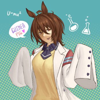 1girl ahoge animal_ears brown_hair commentary english_commentary english_text green_background hair_between_eyes highres horse_ears horse_girl lab_coat open_mouth polka_dot polka_dot_background red_eyes short_hair sleeves_past_fingers sleeves_past_wrists smile solo speech_bubble umamusume winnie6890