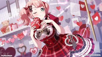 1girl artist_request bang_dream! blue_eyes blush box breasts commentary_request dress feet_out_of_frame gift gift_box hair_ornament hairclip highres holding indoors large_breasts letter looking_at_viewer nail_polish official_alternate_costume official_art one_eye_closed pink_hair red_dress short_hair smile solo stuffed_animal stuffed_toy teddy_bear twintails uehara_himari valentine