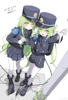 2girls :&lt; :d absurdres arm_up armband backpack bag belt bilibili_logo bilibili_username black_bag black_belt black_boots black_jacket black_shorts black_skirt black_tail blue_archive blue_armband blue_hat blush boots bright_pupils buttoned_cuffs buttons chinese_commentary chinese_text closed_mouth commentary_request crack cracked_floor dated demon_girl demon_tail double-breasted dutch_angle fang flower from_above full_body gloves green_hair hand_on_own_hip hat highres hikari_(blue_archive) holding_strap jacket long_hair long_sidelocks long_sleeves looking_at_viewer multiple_girls no_halo nozomi_(blue_archive) open_mouth own_hands_together pantyhose peaked_cap pleated_skirt pointing pointing_at_viewer pointy_ears short_eyebrows shorts siblings sidelocks signature simple_background sisters skin_fang skirt smile standing tail tile_floor tiles twins twintails v-shaped_eyebrows very_long_hair vill_27 watermark white_background white_flower white_gloves white_pantyhose white_pupils yellow_eyes