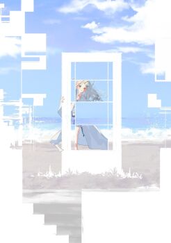 1girl absurdres beach belt black_belt blonde_hair blue_shorts blue_sky camisole dnamaguro doorway floating_hair gakuen_idolmaster glitch hair_ornament hairclip hashtag-only_commentary highres horizon idolmaster looking_at_viewer ocean open_clothes open_robe orange_eyes outdoors parallel_hairclips robe sand shinosawa_hiro shorts sky solo standing waves white_camisole white_robe wide_shot wind