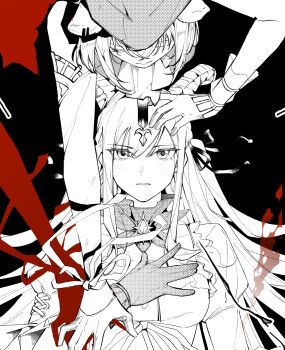 2girls animal_ear_piercing animal_ears arknights bang_dream! bang_dream!_it&#039;s_mygo!!!!! closed_mouth commentary dog_ears dog_girl dress gloves hand_on_own_chest haoxiangkan_nutong highres horns long_hair misumi_uika misumi_uika_(caged_singer) multiple_girls sidelocks togawa_sakiko togawa_sakiko_(master_of_melodia) yuri