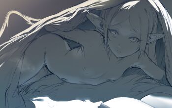 1girl bed_invitation bed_sheet blanket commentary elf english_commentary expressionless flat_chest frieren hews highres long_hair looking_at_viewer lying monochrome navel nipples nude on_bed on_side parted_bangs pointy_ears sketch solo sousou_no_frieren thick_eyebrows thighs twintails under_covers unfinished