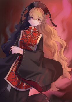 Rule 34 | 1girl, black dress, blonde hair, closed mouth, commentary, dalachi (headdress), dress, expressionless, hair between eyes, hand up, highres, junko (touhou), long hair, long sleeves, looking at viewer, neold, red eyes, red tabard, solo, tabard, touhou, very long hair, wavy hair, wide sleeves