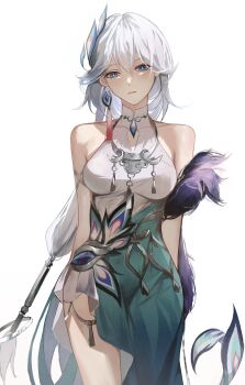 Rule 34 | 1girl, absurdres, aliez, bare shoulders, breasts, changmingsuo, china dress, chinese clothes, covered collarbone, dress, earrings, green eyes, hair between eyes, halterneck, highres, honkai: star rail, honkai (series), jewelry, long hair, peacock feathers hair ornament, peacock print, single earring, sleeveless, solo, tassel, thighs, very long hair, white background, white hair, yao guang (honkai: star rail)