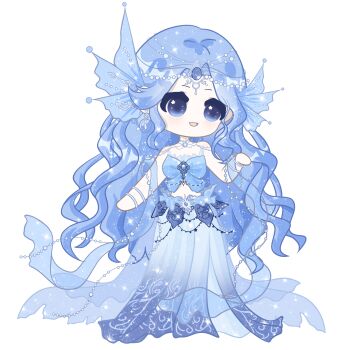 Rule 34 | 1girl, absurdres, bare shoulders, beads, blue eyes, blue hair, blue shirt, blue skirt, blue tube top, bracelet, circlet, deformed, eyelashes, fins, frilled skirt, frilled tube top, frills, full body, hair beads, hair ornament, happy, head fins, highres, infinity nikki, jewelry, light blush, light particles, long hair, long skirt, mermaid costume, midriff, multiple bracelets, necklace, nikki (series), open mouth, outstretched hand, shirt, simple background, skirt, smile, snowy ballad (infinity nikki), solo, sparkle, standing, strapless, tareme, train (clothing), tube top, very long hair, wavy hair, white background, zhizhizhizhizhizong