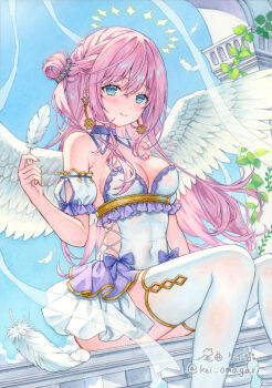 1girl angel angel_wings armband blue_eyes blue_sky blush breasts choppy_bangs cleavage closed_mouth commentary_request covered_navel cross-laced_clothes cross-laced_leotard day detached_collar falling_feathers feathered_wings feathers feet_out_of_frame halo hand_up highres holding holding_feather large_breasts leotard long_hair looking_at_viewer marker_(medium) omagari_kei original outdoors pink_hair sitting sky smile solo split_mouth strapless strapless_leotard thighhighs traditional_media twitter_username white_armband white_leotard white_thighhighs white_wings wings