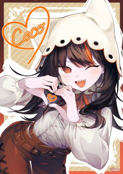 Rule 34 | 1girl, ;d, absurdres, animal ears, black hair, brown background, brown pants, cat ears, character name, commentary request, fake animal ears, hat, heart, heart hands, heart in heart hands, highres, leaning forward, lennonrine, long hair, long sleeves, looking at viewer, mahou shoujo no majo saiban, multicolored hair, official alternate costume, one eye closed, open mouth, orange eyes, orange streaks, pants, sawatari coco, sharp teeth, shirt, smile, solo, streaked hair, teeth, treasure cafe, white hat, white shirt
