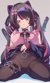 1girl animal_ear_headphones animal_ears bare_shoulders black_hair black_jacket bow breasts brown_pantyhose clothes_lift collared_shirt commentary_request commission dress_shirt fake_animal_ears grey_background hair_bow hair_intakes hair_ornament hairclip headphones highres jacket jacket_lift lace-trimmed_bow lace_trim long_hair long_sleeves maon_(vrchat) medium_breasts multicolored_hair natsuki_teru pantyhose pink_bow pink_hair pink_shirt puffy_long_sleeves puffy_sleeves shirt simple_background skeb_commission sleeveless sleeveless_shirt sleeves_past_wrists solo streaked_hair thighband_pantyhose twintails very_long_hair vrchat x_hair_ornament