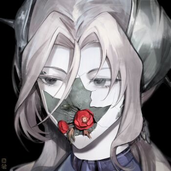 1girl black_background blue_jacket cracked_face flower grey_eyes grey_hair hair_ornament highres jacket looking_to_the_side madra_(album) maruma_gozu poppy_(flower) portrait red_flower reverse:1999 sentinel_(reverse:1999) solo