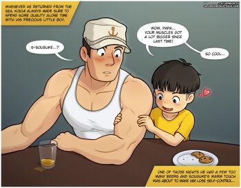 2boys age_difference alcohol bara beer biceps black_eyes blush border buzz_cut chocolate_chip_cookie clip_studio_paint_(medium) cookie drunk english_text father_and_son food gake_no_ue_no_ponyo hand_on_another&#039;s_arm hat heart japanesebonustrack koichi_(ponyo) looking_at_another male_focus multiple_boys muscular muscular_male onii-shota open_mouth osugaki paid_reward_available plate sailor_hat shirt short_hair shota sousuke_(ponyo) speech_bubble table tank_top undercut very_short_hair white_border white_tank_top yaoi yellow_shirt