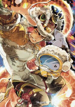 Rule 34 | 1boy, chinese clothes, commentary, fins, fish tail, goggles, highres, iron fist (lion's gaze) (marvel), iron fist (marvel), jeff (marvel), jeff the land shark, jeff the land shark (cuddly fuzzlefin), lin lie (marvel), looking at viewer, marvel, marvel rivals, scarf, shark, shark fin, shark tail, signature, tail, tokitokororo, untranslatable commentary, yellow scarf