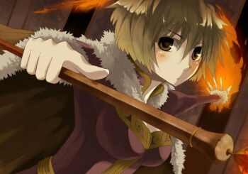 1girl blush breasts brown_cape brown_eyes brown_hair cape closed_mouth commentary_request coo_(xx-r) dress fire fur-trimmed_cape fur_trim holding holding_staff large_breasts long_sleeves looking_at_viewer purple_dress pyrokinesis ragnarok_online short_hair solo staff upper_body wizard_(ragnarok_online)