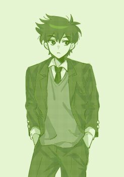 1boy antenna_hair bright_pupils bu3hgg closed_mouth collared_shirt green_theme hands_in_pockets hero_(faraway)_(omori) hero_(omori) highres long_sleeves looking_at_viewer male_focus monochrome necktie omori pants shirt short_hair solo white_pupils