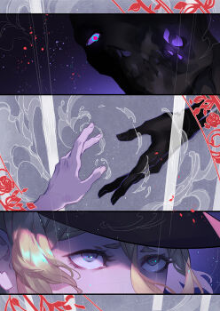 1girl black_hat blonde_hair blue_eyes colored_sclera commentary english_commentary hair_between_eyes hat imminent_hand_holding light_particles looking_up lydialing_draws purple_sclera raised_inner_eyebrows reaching reaching_towards_another red_eyes skeleton smoke the_ink_apprentice