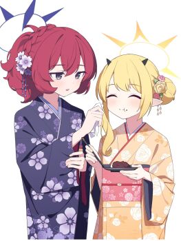 2girls alternate_costume alternate_hairstyle black_horns blonde_hair blue_archive chopsticks commentary_request cowboy_shot demon_girl demon_horns demon_wings eating feeding floral_print floral_print_kimono flower fluffy_hair food grey_eyes hair_flower hair_ornament halo highres holding holding_chopsticks holding_plate holding_tissue horns ibuki_(blue_archive) iroha_(blue_archive) japanese_clothes kimono mikan_battery mochi multiple_girls napkin obi obiage obijime open_mouth pink_flower plate print_kimono purple_halo purple_kimono red_hair sash short_hair sidelocks simple_background white_background wings yellow_flower yellow_halo yellow_kimono
