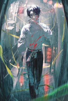 1boy absurdres belt black_hair black_pants blood blood_on_clothes blood_on_face blood_on_hands blurry caution_tape closed_mouth commentary_request full_body hand_up highres holding holding_sword holding_weapon jujutsu_kaisen katana koujisako long_sleeves looking_at_viewer male_focus night okkotsu_yuuta outdoors pants purple_eyes rain shirt shoes short_hair sign solo standing sword walking weapon wet wet_hair white_belt white_shirt white_shoes wiping_face