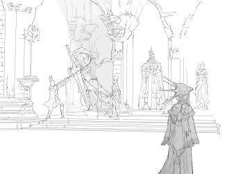 3boys absurdres armor dark_souls_(series) dark_souls_i dark_souls_iii dark_sun_gwyndolin facing_another full_armor greyscale gwyn_lord_of_cinder helm helmet highres huge_weapon indoors long_hair male_focus monochrome multiple_boys nameless_king pull queen_of_sunlight_gwynevere short_hair silver_knight_(dark_souls) stairs standing statue sword weapon zunkome