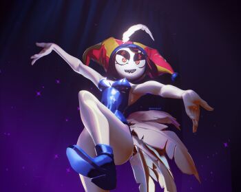 1girl 3d absurdres ass bare_legs blue_eyes blue_leotard breasts brown_hair colored_skin covered_navel dancing dotflare embarrassed evil_pomni_(the_amazing_digital_circus) feather-trimmed_leotard hat hat_bell highres jester jester_cap leg_up leotard looking_at_viewer multicolored_eyes official_alternate_costume outstretched_arms pomni_(the_amazing_digital_circus) red_eyes sharp_teeth short_hair small_breasts smile standing standing_on_one_leg strapless strapless_leotard striped_clothes striped_headwear teeth the_amazing_digital_circus thighs two-tone_eyes vertical-striped_clothes vertical-striped_headwear white_skin