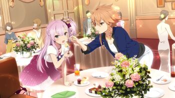 Rule 34 | 2girls, bead necklace, beads, blue eyes, blue jacket, breasts, cake, chair, cleavage, cup, dress, drink, drinking glass, eating, flower, food, fork, game cg, hair ornament, high heels, holding, holding fork, indoors, jacket, jewelry, long hair, looking at another, looking at viewer, medium breasts, multiple girls, necklace, official art, one side up, open clothes, open jacket, open mouth, orange hair, people, pink dress, pink hair, plate, purple footwear, purple nails, shidou maki (toji no miko), shirt, table, toji no miko, toji no miko: kizamishi issen no tomoshibi, tsubakuro yume, white shirt