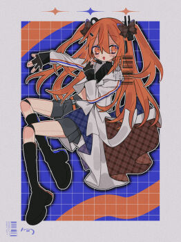 1girl a.i._voice absurdres adachi_rei alternate_costume alternate_hair_length alternate_hairstyle android barcode black_boots black_gloves black_shirt blue_background boots border bow coat fingerless_gloves full_body gloves grey_shorts grid_background hair_between_eyes hair_bow highres jacket joints knee_boots long_hair long_sleeves looking_at_viewer nasi_(na_si) open_clothes open_coat open_jacket orange_eyes orange_hair outline outside_border robot_joints shirt shorts solo two_side_up utau watermark white_border white_coat white_outline