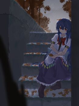 1girl absurdres autumn_leaves blue_hair bow bowtie closed_mouth collared_shirt commentary_request hat highres hinanawi_tenshi holding holding_leaf leaf leaf_on_head long_hair looking_at_viewer no_headwear puffy_short_sleeves puffy_sleeves purple_skirt rain rainbow_order red_bow red_bowtie red_eyes shirt short_sleeves sitting sitting_on_stairs skirt solo stairs touhou very_long_hair white_shirt yorange17