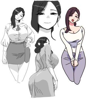 1girl :d ^_^ arm_at_side ass asymmetrical_hair breasts brown_hair cleavage closed_eyes collared_shirt cropped_legs cropped_torso dress dress_shirt from_below hand_on_own_hip head_tilt large_breasts light_smile long_hair miniskirt mole mole_under_mouth multiple_views necktie open_mouth original pants parted_bangs partially_colored pencil_skirt puffy_sleeves purple_pants royal_tea shirt shirt_tucked_in short_necktie simple_background skirt smile white_background white_shirt