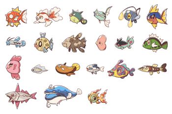 alomomola arrokuda barboach basculin basculin_(red) blue_eyes bruxish carvanha chi-yu_(pokemon) chinchou closed_mouth dondozo feebas finneon fish gen_1_pokemon gen_2_pokemon gen_3_pokemon gen_4_pokemon gen_5_pokemon gen_7_pokemon gen_8_pokemon goldeen goldfish grin heart horns luvdisc magikarp nintendo open_mouth pokemon pokemon_(creature) qwilfish red_eyes relicanth remoraid sharp_teeth simple_background single_horn smile spines ssalbulre stunfisk teeth tusks tynamo veluza whiskers white_background wishiwashi wishiwashi_(solo)